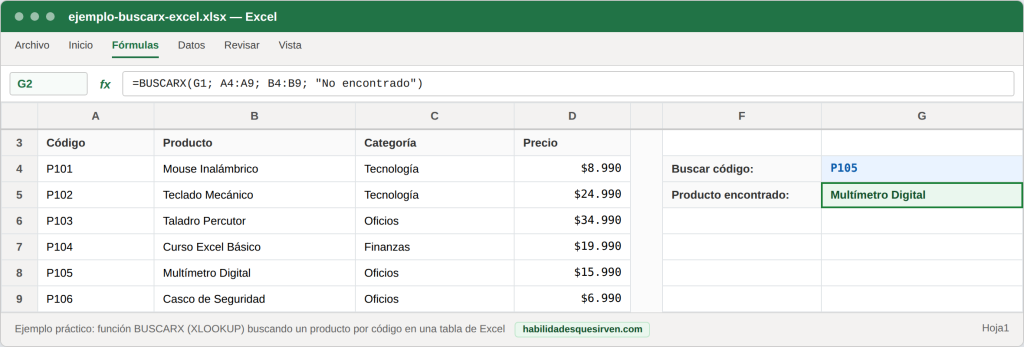 Ejemplo de la función BUSCARX en Excel: fórmula para buscar un producto por código en una tabla, alternativa moderna a BUSCARV (XLOOKUP)